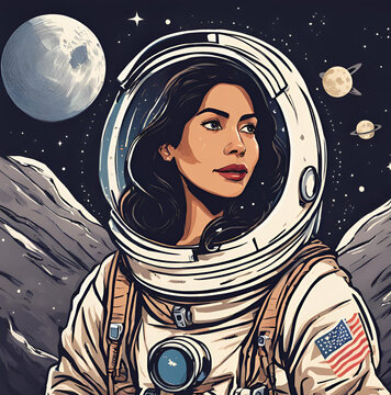 Illustration of female astronaut on the moon