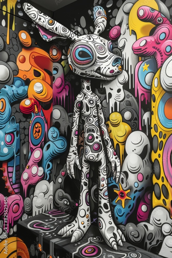 Poster a large statue of a rabbit with many different colors and designs, ai