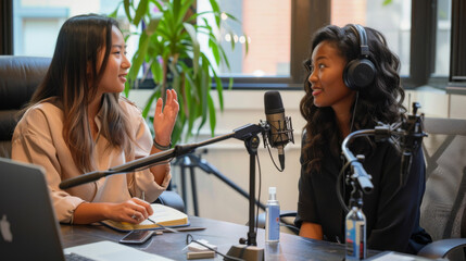 Two female hosts chat during a podcast recording in a studio environment