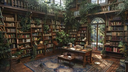 Naklejka premium Imagine library with bookshelves and a study table