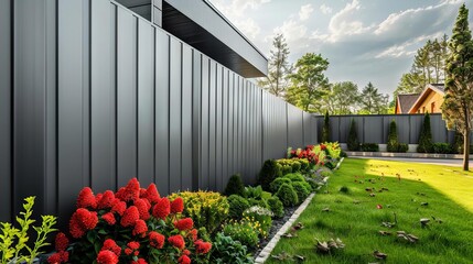 modern gray aluminum fence protecting residential property facade and garden