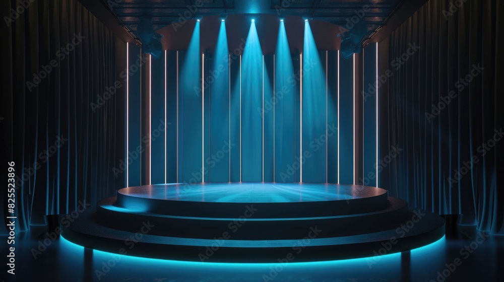Poster modern stage. 3d rendering of empty stage with dramatic lighting on black background
