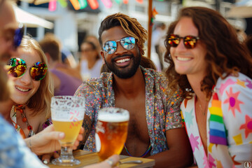 A group of people are sitting at a table, smiling and drinking beer