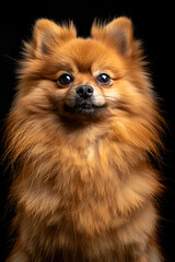 Obraz premium Studio portrait photo of a Pomeranian Spitz on a black background. Close-up, frontal view
