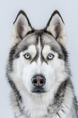Obraz premium Studio portrait photo of a Siberian Husky on a white background. Close-up, front view.