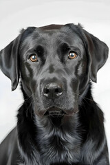 Studio portrait photo of a black Labrador Retriever on a white background. Close-up