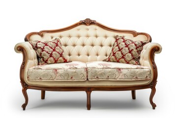 Sofa And Chair. Classic Armchair with Carved Details on White Background