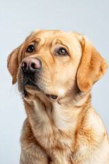 Studio portrait photo of a fawn Labrador Retriever against a white background. Close-up, frontal view.