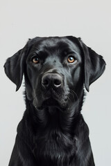Studio portrait photo of a black Labrador Retriever on a white background. Close-up