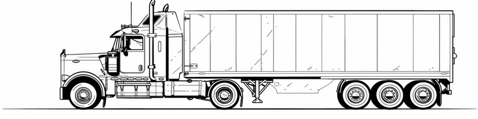 Truck Drawing - Simple Line Art Contour Illustration of Large American Cargo Vehicle