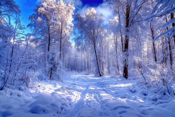 Obraz premium Winter January Landscape: Snowy Forest with Christmas Trees and Blue Sky