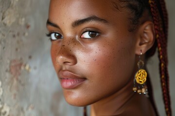 Woman Earrings. Close-Up Portrait of Attractive Young African Woman with Braids Posing in Studio