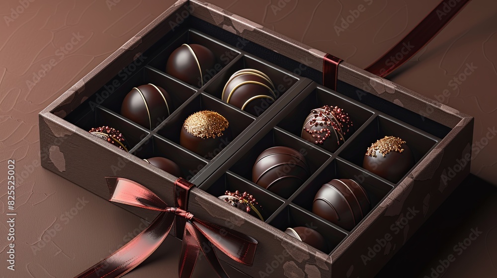 Poster elegant box of chocolate truffles with a ribbon tied around it, showcasing rich dark colors and luxu