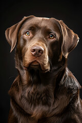 Studio portrait photo of a brown Labrador Retriever on a black background. Close-up, full-face