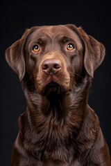 Studio portrait photo of a brown Labrador Retriever on a black background. Close-up, full-face