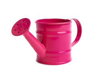Pink watering can on white background