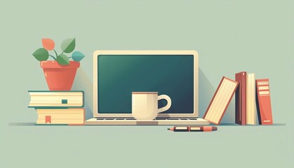 See laptop, a coffee cup, and study materials