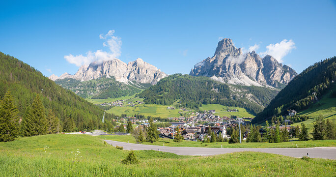 View from Campolognopass to tourist resort Corvara, Alta Badia, south tyrol