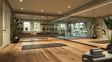 sleek home fitness haven contemporary basement studio with highend equipment mirrored walls and dedicated yoga space 3d illustration