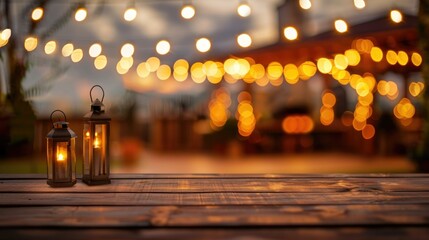 Cozy outdoor terrace with string lights and lantern during an autumn evening. - Powered by Adobe