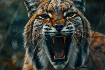 Closeup of an intimidating lynx showing its teeth and roaring amidst natural surroundings