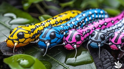 A group of colorful caterpillars are sitting on a leaf, AI