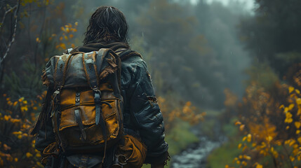 Fototapeta premium A lone figure walks through a misty forest, carrying a backpack, with sunlight shining through the trees.