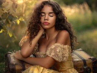 Fototapeta premium Woman with Curly Hair in Nature. Generative AI.