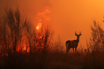 Forest fire. Animal in wildfire. Animals trying to escape the flames. Deer in a burning forest. Ecological catastrophy. Fire-driven animal evolution. Background for banner, flyer, advertising.