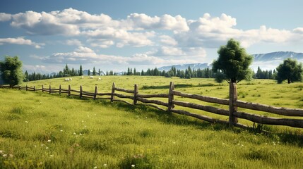 Fototapeta premium A photo of a traditional wooden fence enclosing a pass