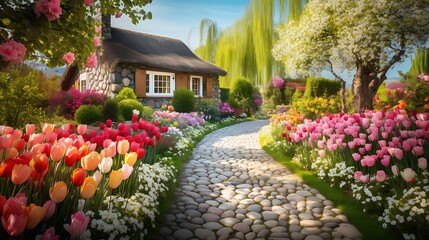 Vibrant spring garden with blooming flowers and a quaint garden path