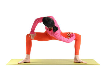 Young woman doing yoga on mat against white background