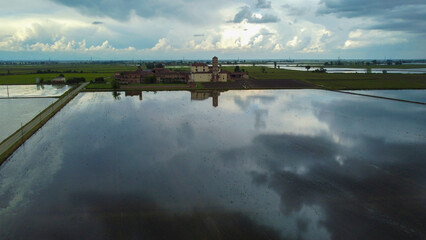 Abbey church Santa Maria di Lucedio, Trino, Vercelli Piedmont, Italy from the drone