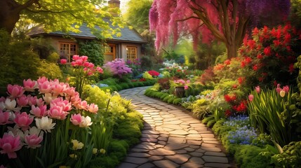 Vibrant spring garden with blooming flowers and a quaint garden path