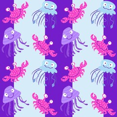 Fototapeta premium Summer animals print seamless cartoon crabs and jellyfish pattern for wrapping