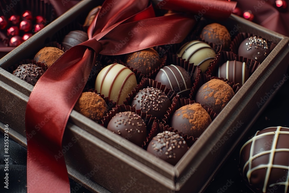 Poster Luxurious assortment of rich dark chocolates in an elegant box adorned with a red ribbon. Generative AI