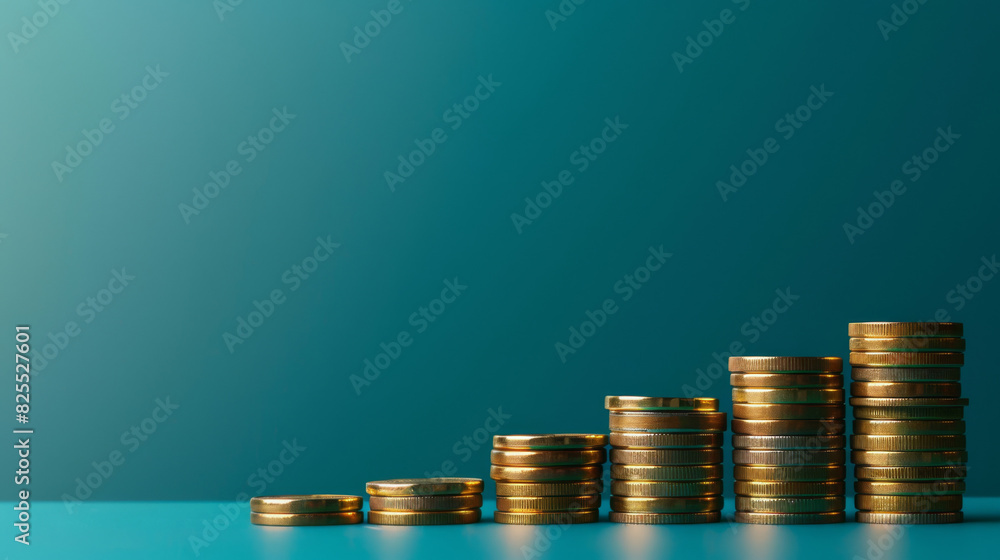 Poster ascending coin stacks on a blue background depicting increasing inflation rates