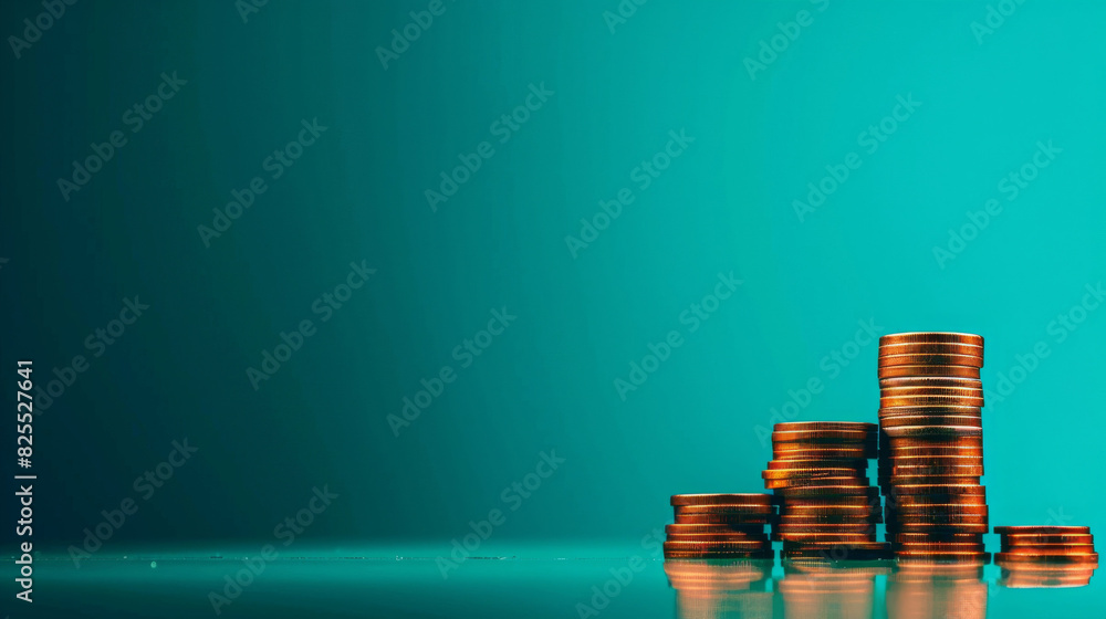 Poster Conceptual image depicting stacks of coins symbolizing inflation on a sleek blue backdrop