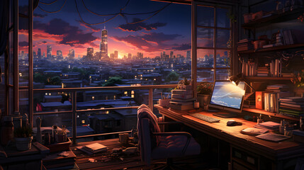 A city at night as seen from a window. anime, manga, and lofi. desk for studying. Cool, inviting, and comfy space. messy setting Digital artwork of a serene, bright apartment. 4K backdrop, wallpaper