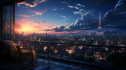 A city at night as seen from a window. anime, manga, and lofi. desk for studying. Cool, inviting, and comfy space. messy setting Digital artwork of a serene, bright apartment. 4K backdrop, wallpaper