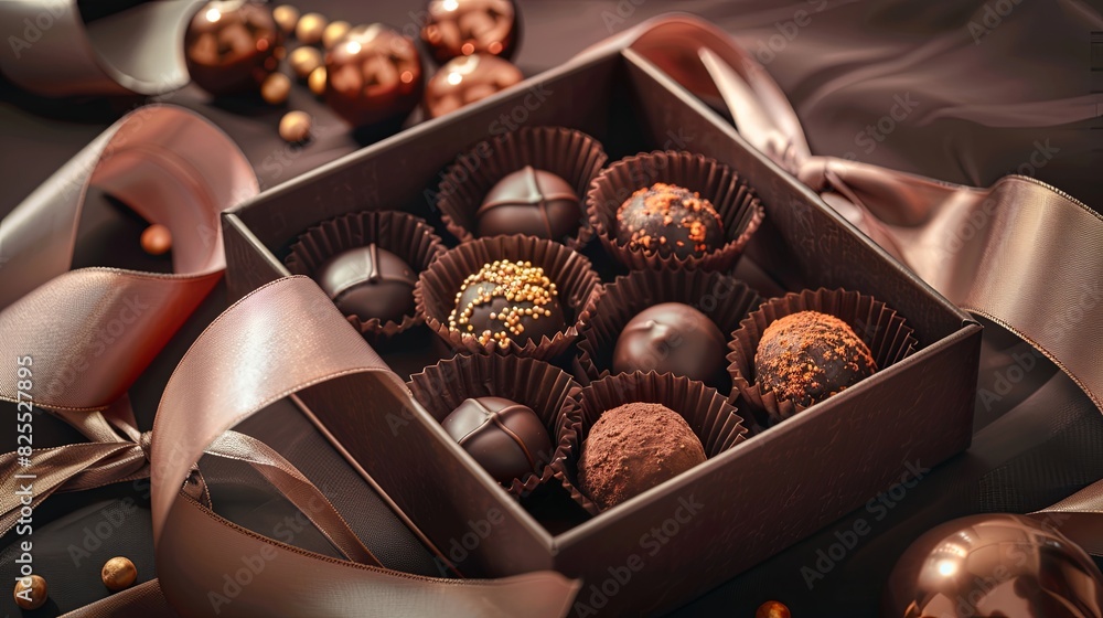 Poster a luxurious box filled with chocolate truffles tied with ribbons sits atop a table. generative ai