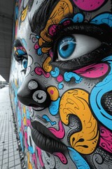 A close up of a face painted with colorful designs on the wall, AI