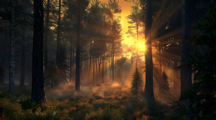 sunset in the forest realistic hyperrealistic