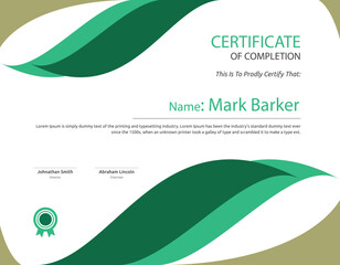 Green Certificate of achievement template set with green badge and border. Vector Illustration