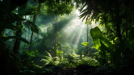 Lush tropical rainforest with dense foliage and sunlight filtering through the canopy