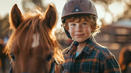 Portrait of a boy in a helmet and plaid shirt riding a horse