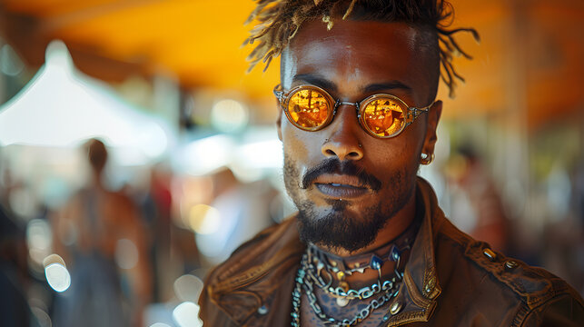 Close-up Portrait of a Man with Yellow Sunglasses and Painted Face at a Festival