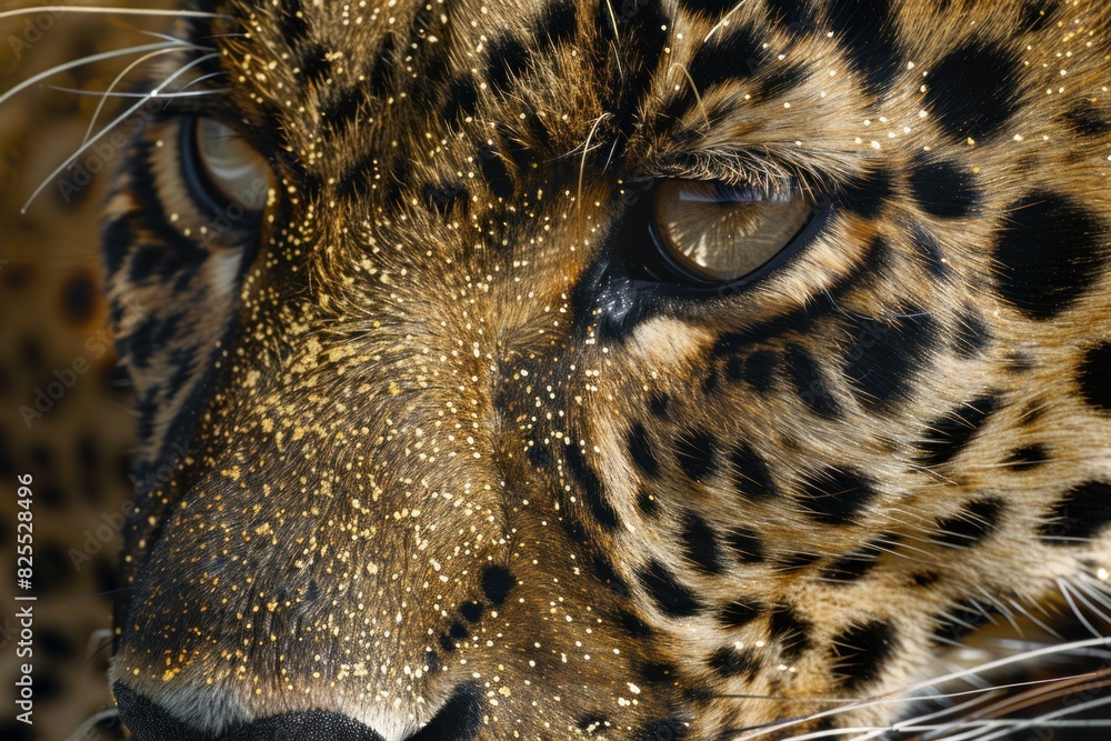 Poster macro shot capturing the detailed eyes and fur pattern of a leopard