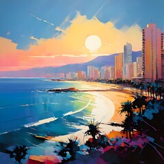 Seaside city resort panorama captured in acrylics, generative AI