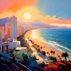 Seaside city resort panorama captured in acrylics, generative AI